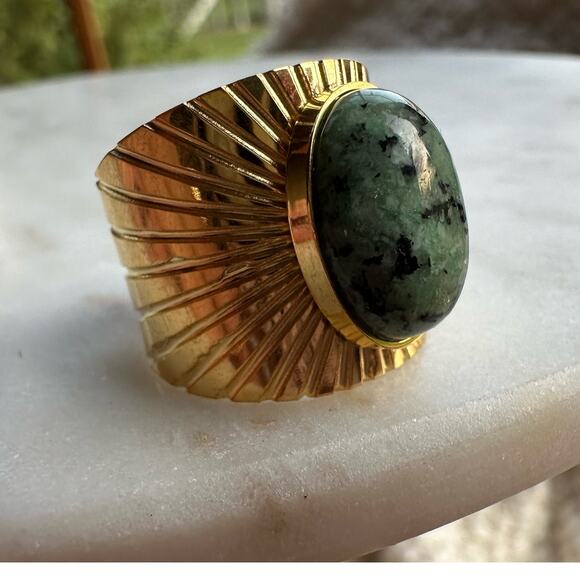 18K Gold Plated Stainless Steel Turquoise Geometric Vintage Band Ring - Picture 4 of 9